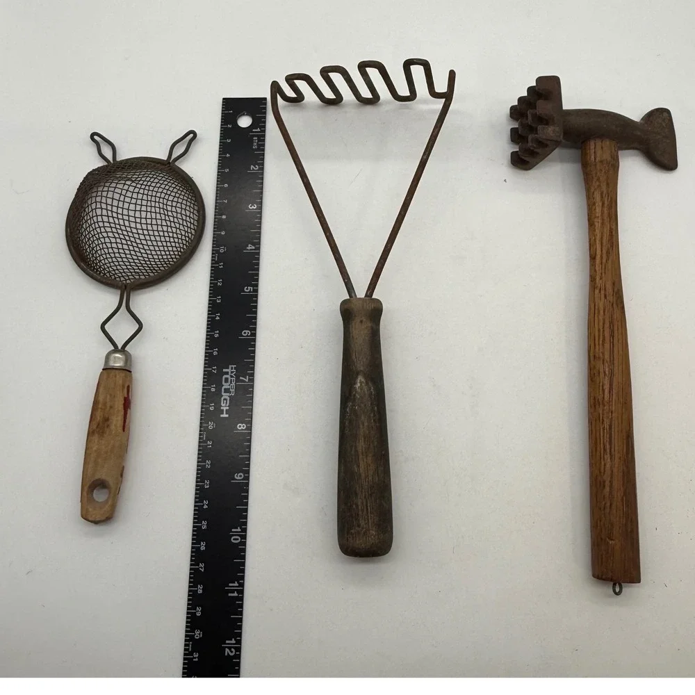 Vintage Antique Primitive Kitchen Tool Lot Potato Masher Meat Mallet Strainer